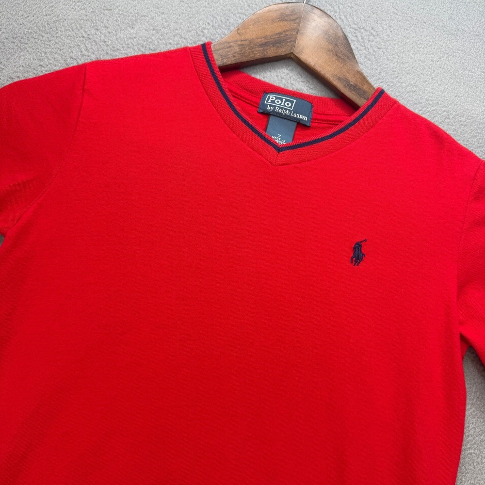 Polo Ralph Lauren V-Neck T-Shirt Boys 7 Red Short Sleeve Classic Pony Preppy